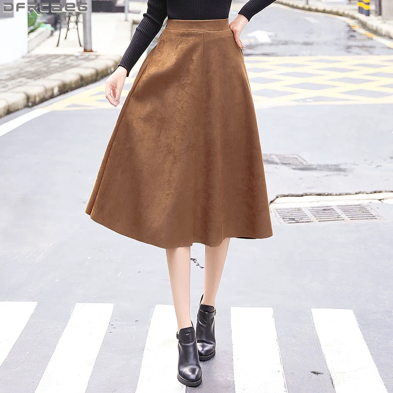 Винтажная осенне зимняя юбка миди уличная теплая замшевая бархатная Женская