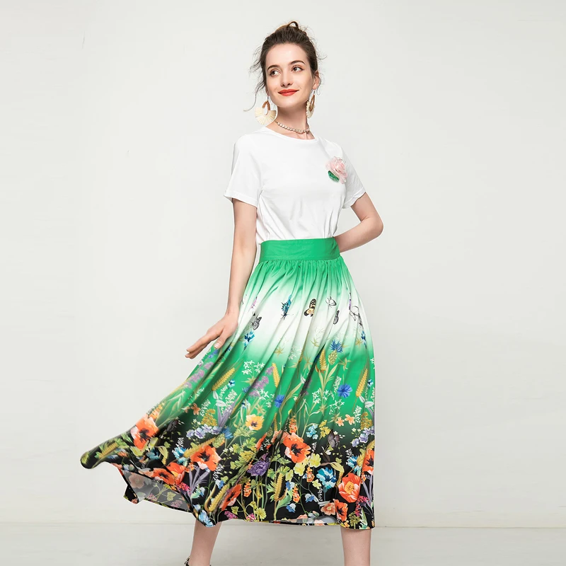 

Runway Designer New Fashion High Quality Summer Party Casual T-shirt Long Print Half skirt Vintage Elegant Chic Women's Sets