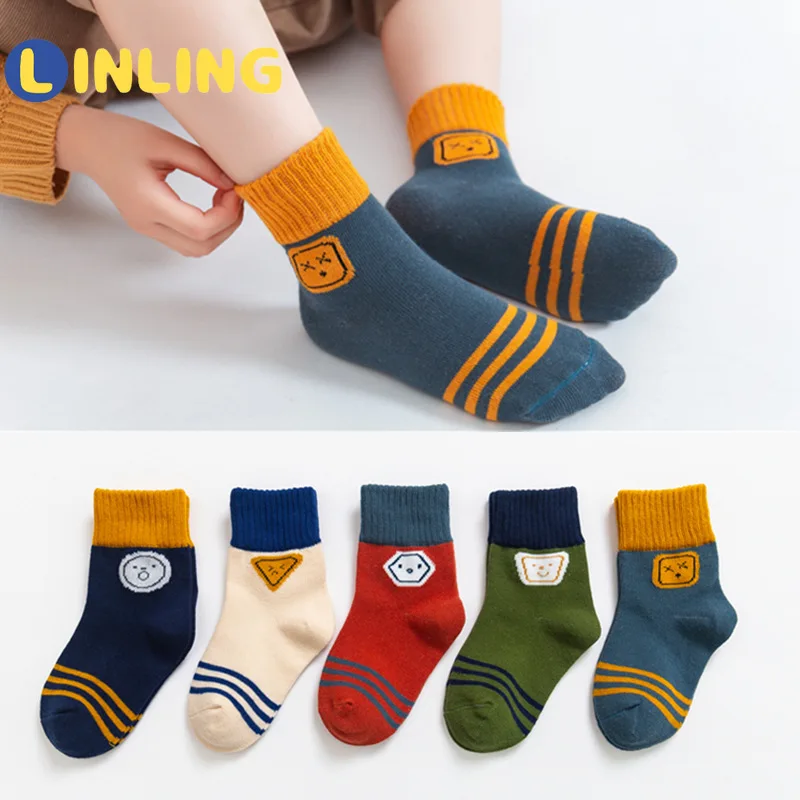 

LINLING Autumn Winter 5Pairs Baby Socks Cotton Soft Cartoon Thicken Non-slip Elasticity Girl Boy Animal Child Gift Socks P618