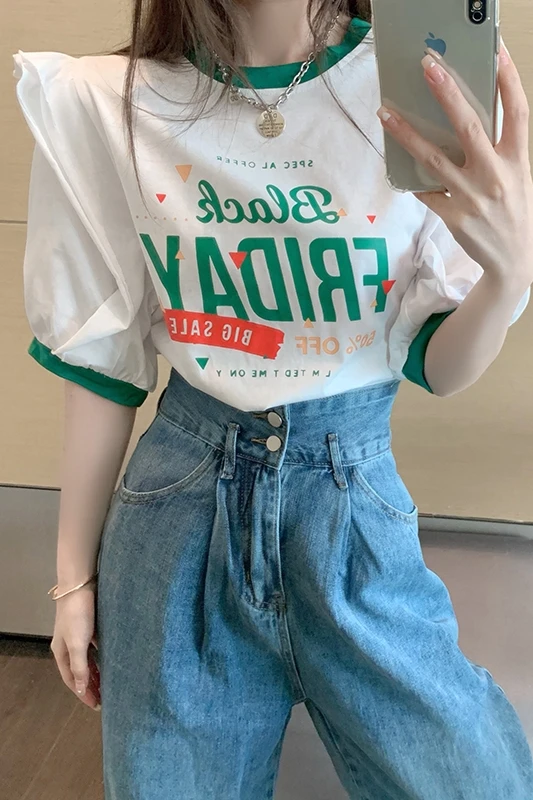 

Contrast Color Short Sleeve Casual T Shirt Women's Summer Fashion Flying Sleeves Versatile Top Female Korean Loose T Shirt