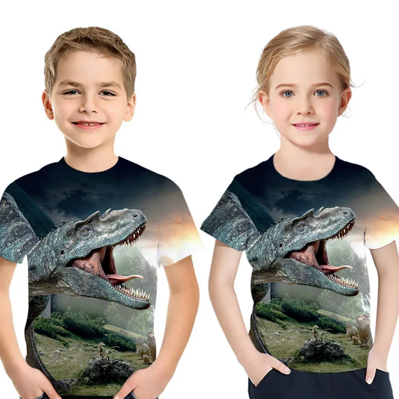 

New brand summer ferocious dinosaur 3D animal print T-shirt boys short-sleeved T-shirt 4-14T plus size T-shirt children girl top