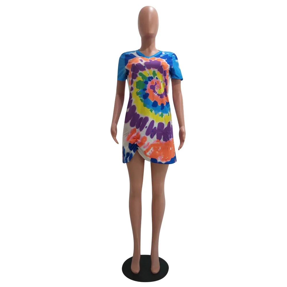 

2020 Summer Women's Dress European and American Hot Style Model Tie-dye Print Irregular Tie V-neck Loose Casual Fishon 1 Pc Set