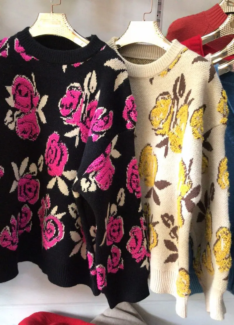 

Autumn and winter new rose flower pullover sweater for women's outer wear loose warm retro sweater