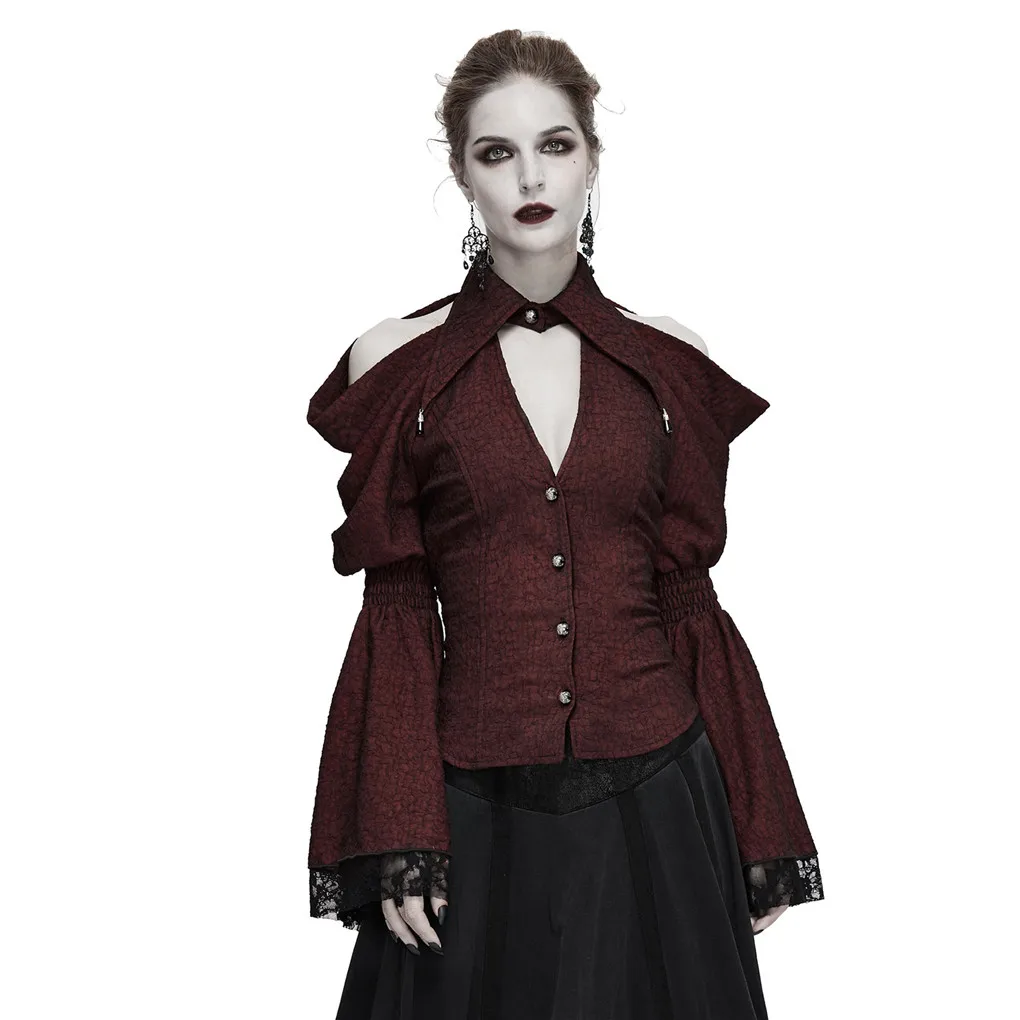 

Devil Fashion Women's Gothic Deep V Neck Long Sleeve Blouses Lace Flare Sleeves Party Prom Dress Shirt