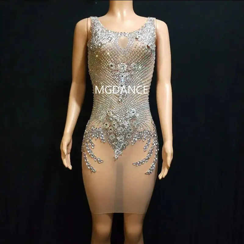 

Women Sexy Stage Bright Silver Rhinestones Mesh Dress Birthday Celebrate Bar Singer Show See Through Evening Dresses