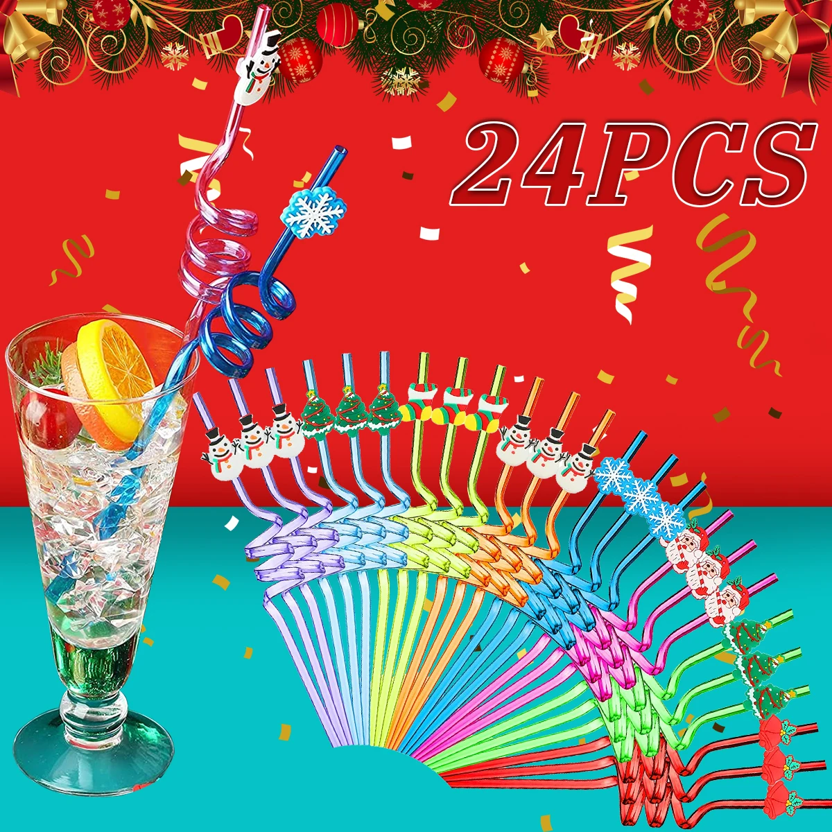 

24Pcs Christmas Drinking Straws Santa Claus Snowman Snowflake Repeatable Pet Children's Straw Holiday Theme Party Supplies