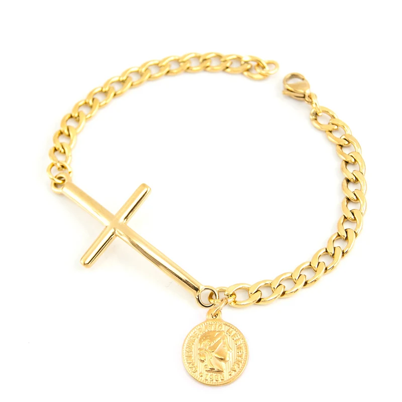 

Lucky Coin Padlock pendant Cuban Chain Bracelet for Women With Corss Connecter Stainless Steel Bracelets