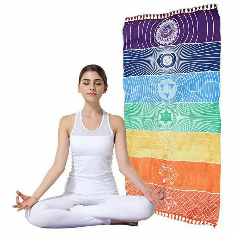 

Bohemian Wall Hanging India Mandala Blanket 7 Chakra Tapestry Rainbow Yoga Mat