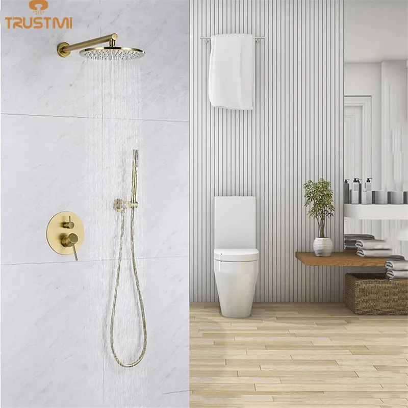 

Brass Bath Faucet Wall Mounted Brushed Gold Bathroom Shower Set 8-12 inch Rianfall Shower Head Shower Arm Mixer Water