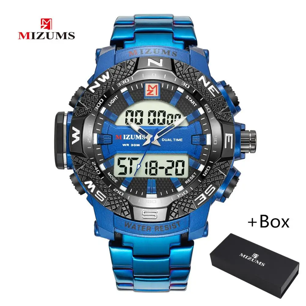 

Часы-хронограф мужские Кварцевые водонепроницаемые, Брендовые спортивные модные крутые стальные, с цифровым светодиодным дисплеем, синие