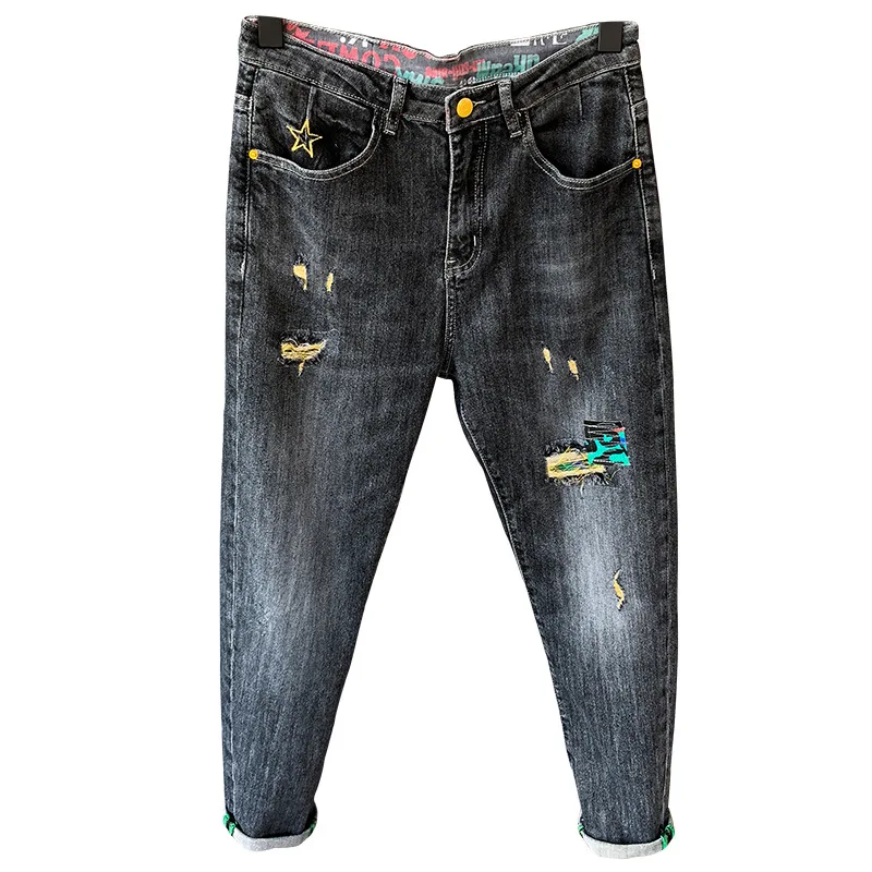 

Luren Brand Ripped Jeans Men's Loose Ins Hip Hop Beggar Ankle-length Pants Men's 9 Points All-matching Stretch Feet Pants