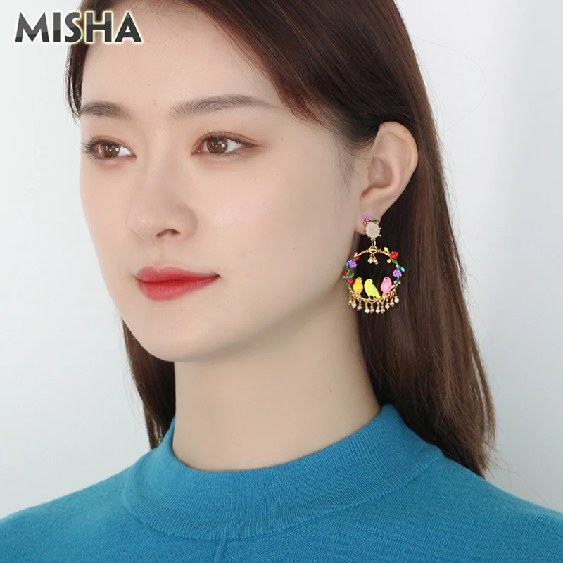 MISHA, роскошные женские серьги, ручная работа, эмалированная глазурь, цветы и птицы, Имитация драгоценного камня, ювелирные изделия в винтажном стиле, подарки для девушек, L950