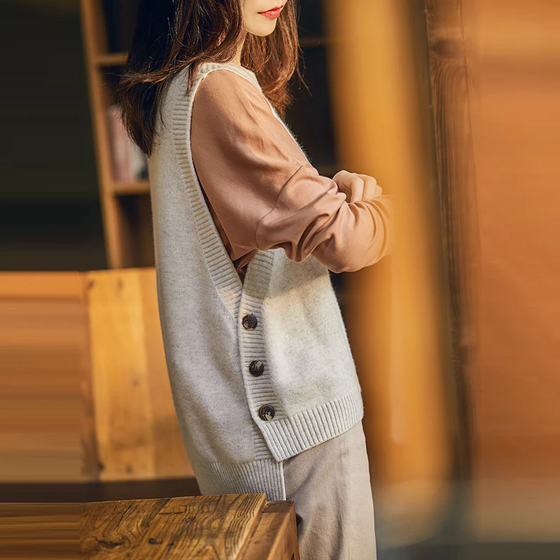 

2021 Women Sweater Spring Autumn Wool Vest Sleeveless V-Neck Knitted Vests Long Sections Poullover Vest Female Jumper Pull Femme