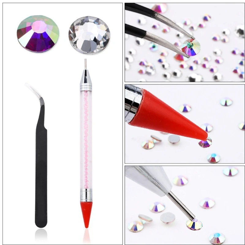 

27RC 12 Grids Flatback Nail Art Decorations with Dual-ended Dotting Pen Tweezers Set