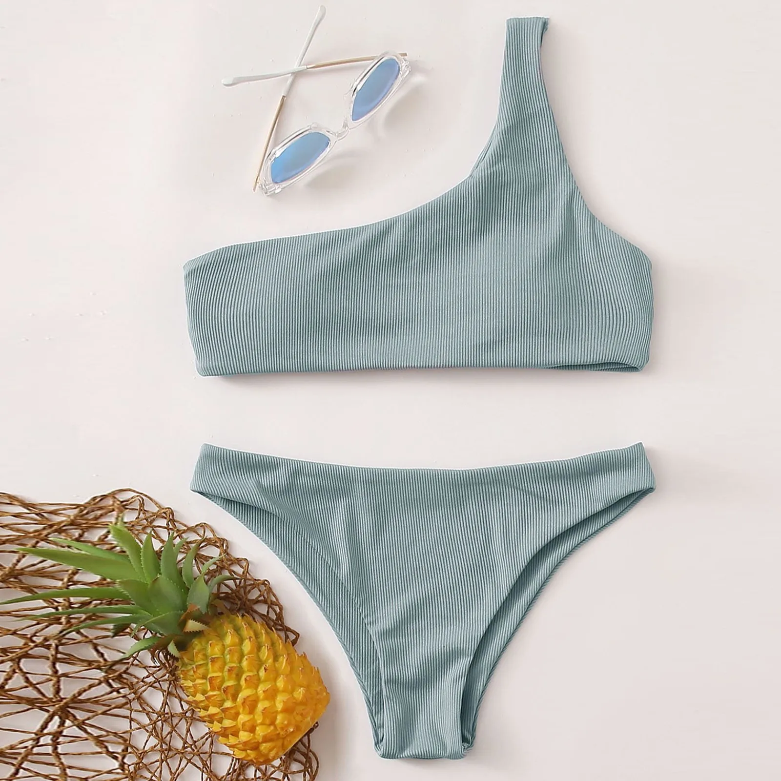 

Women Sexy A Shoulder Strap Padded Bra Beach Bikini Set Swimsuit Beachwear Купальники Женские Thong Bather Bathing Suit