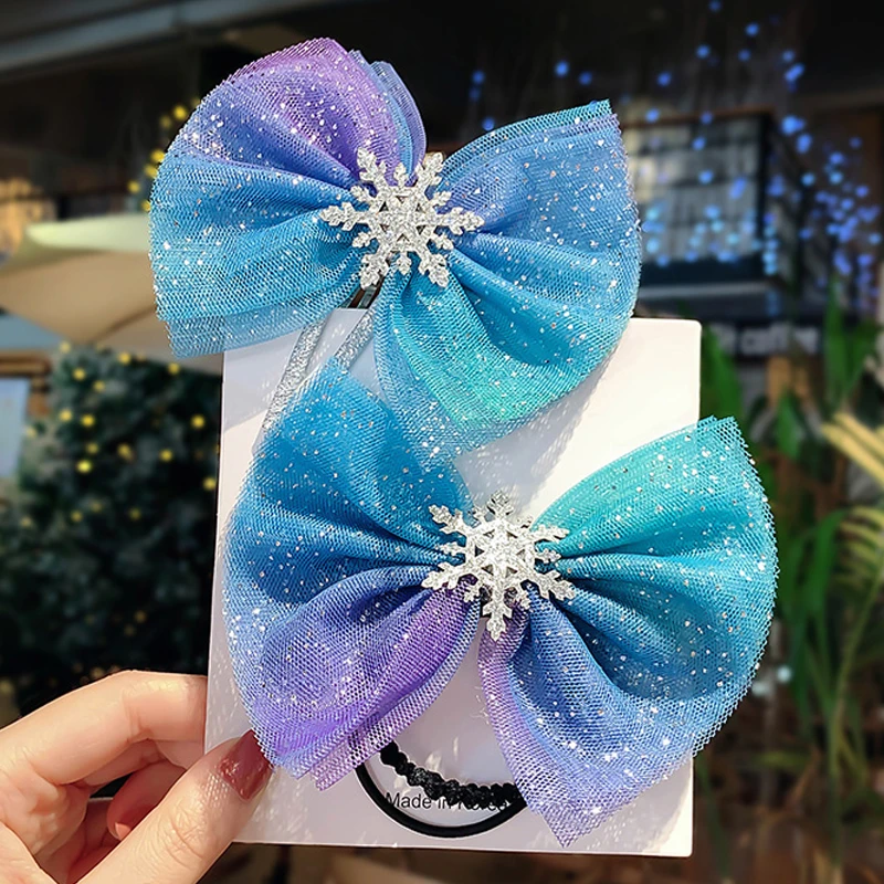 Голубая Блестящая лента с бантом для девочек заколки волос рождественскими