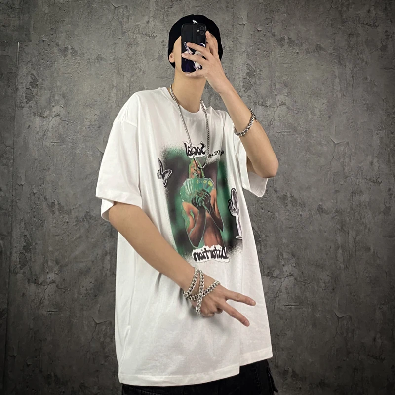 

Character Print Short Sleeve Summer Tshirts for Men Harajuku High Street Round Neck Oversize Cotton T Shirt Loose Hip Hop Tops