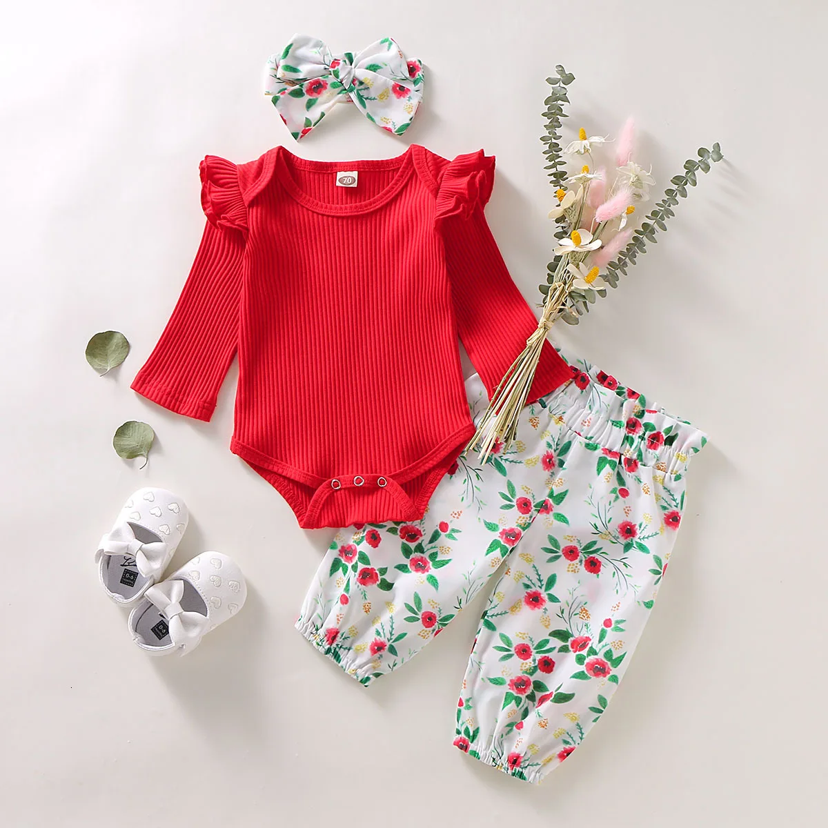3 Pcs Newborn Kid Baby Girls Clothing Long Sleeve Cloth Set Floral Jumpsuit Romper + Pants Headband Outfits Girl Sets | Детская одежда