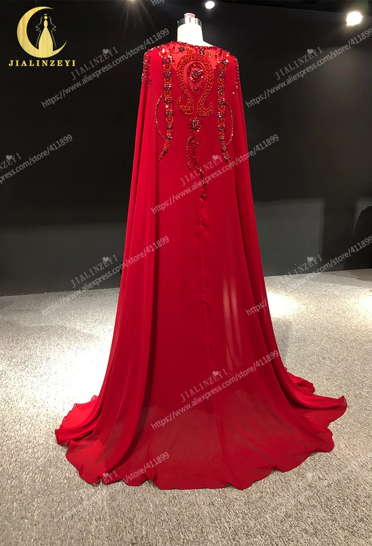 Rhine real Pictures Two Pieces Red Cape with Crystal arabic formal dress evening dresses long