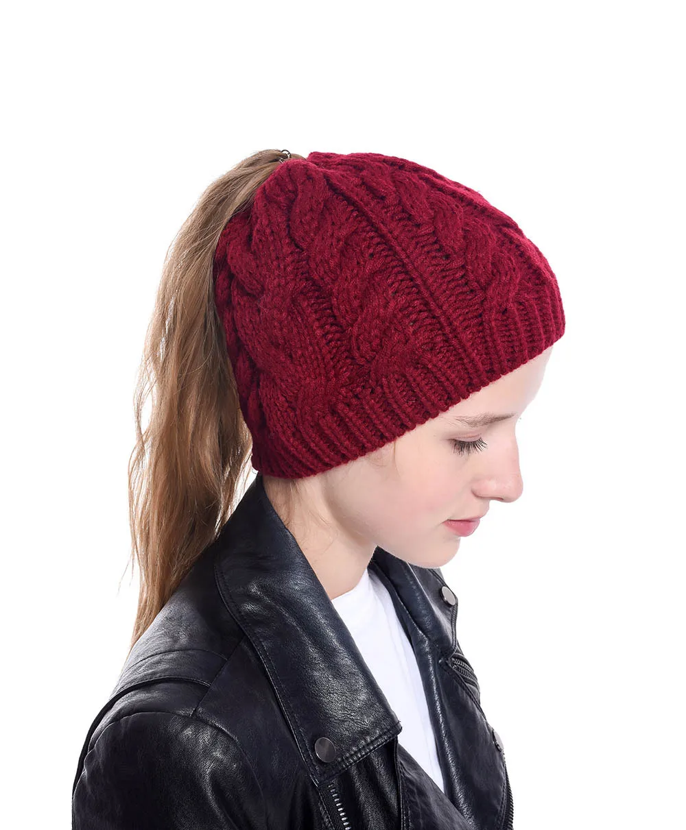 Зима женский хвостик грязная шапка Beanie Шапка мягкая вязаная теплая Осенняя уличная Спортивная повседневная шапка куполообразная вязаный головной убор