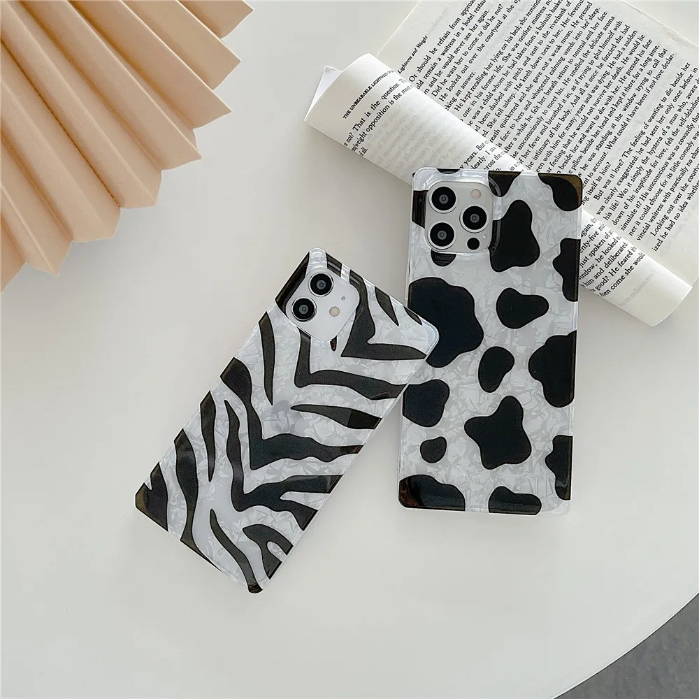 

Shell Zebra Pattern Transparent Square Phone Case For iPhone 13 12 11 PRO MAX XS X XR 8 PLUS Silicone Soft Clear Fall-anti Cover