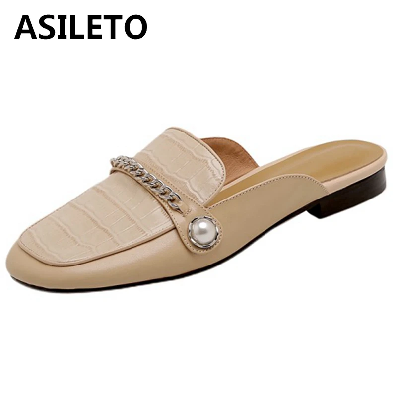 

ASILETO 2021 Fashion Genuine Leather Ladies Slippers Alligator Texture Comfort Plus Pearl Chains Mules 2.5cm US8 Apricot A4230