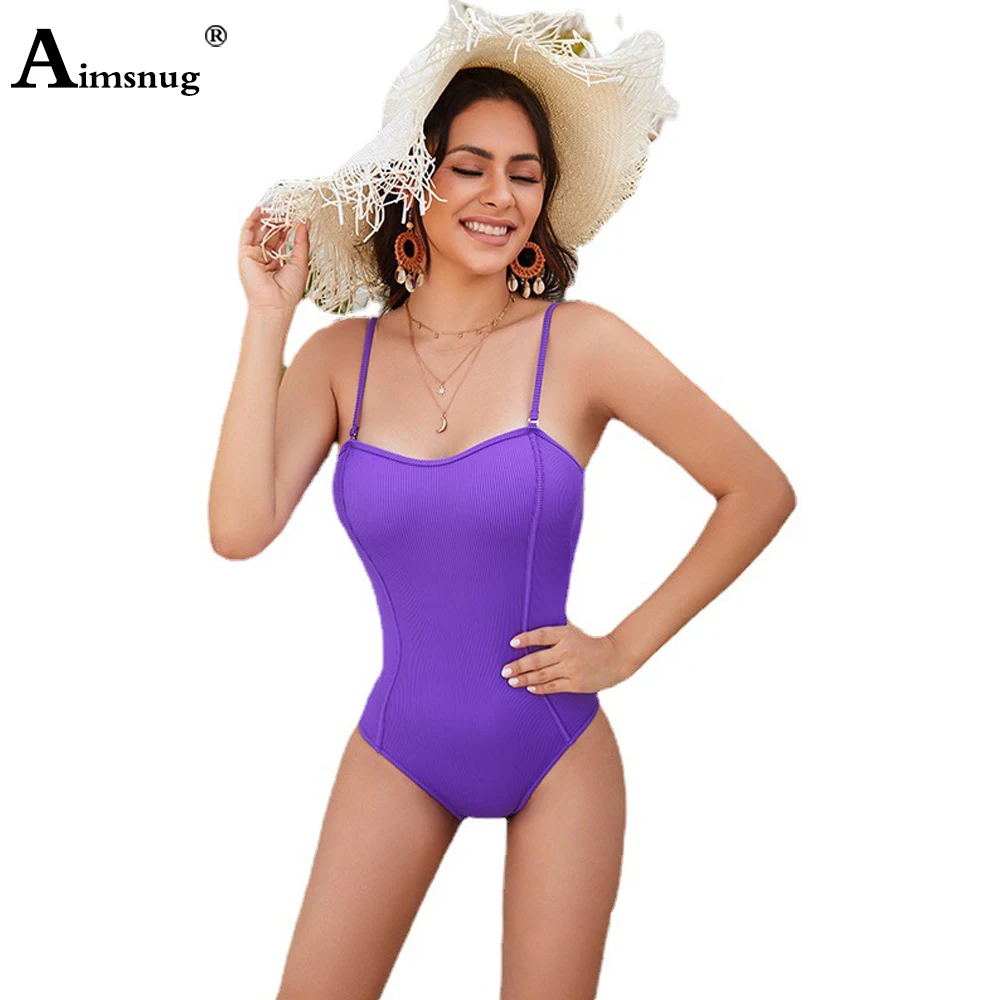 Женский обтягивающий слитный купальник однотонный Фиолетовый пикантные
