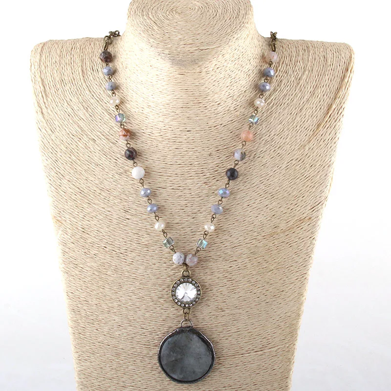 Fashion Bohemian Tribal Jewelry Antique Stone Glass Chain Crystal Links Round Stone Pendant Long Necklaces
