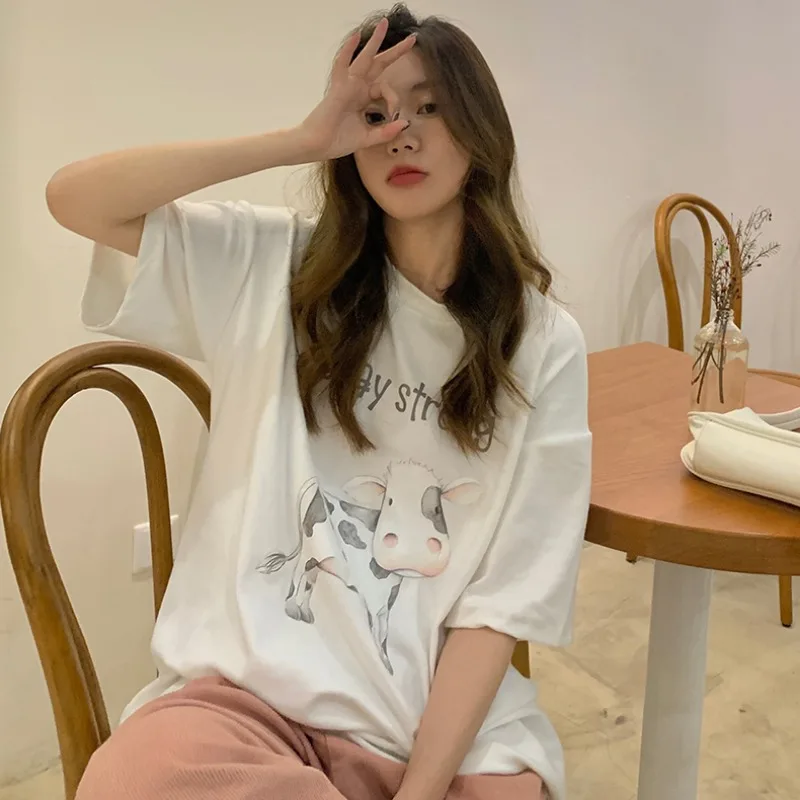 

Женские футболки, топы, японская кавайная Повседневная Свободная футболка Ulzzang с мультяшным принтом коровы, Женская Корейская одежда в стил...