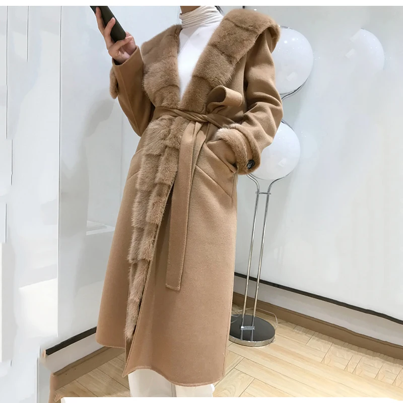 Женское зимнее меховое пальто с капюшоном из натурального меха норки