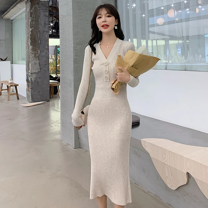 Модное осеннее платье свитер женские вязаные платья с v образным вырезом свитера