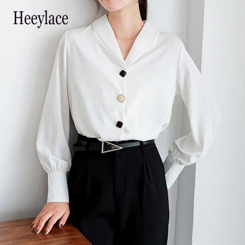 

Женские блузки, рубашки, 2021 на весну и осень; Одежда из шифона французская старинная корейские свободные пуговицы офисные женские туфли мод...