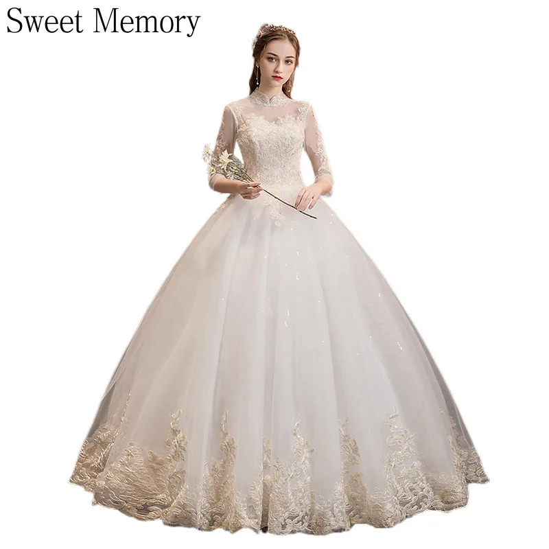 

Sweet Memory Three Quater Long Sleeve Vintage Wedding Dresses 2021 High Neck Applique Lace Up Wedding Gown Elegant Bride Vestido