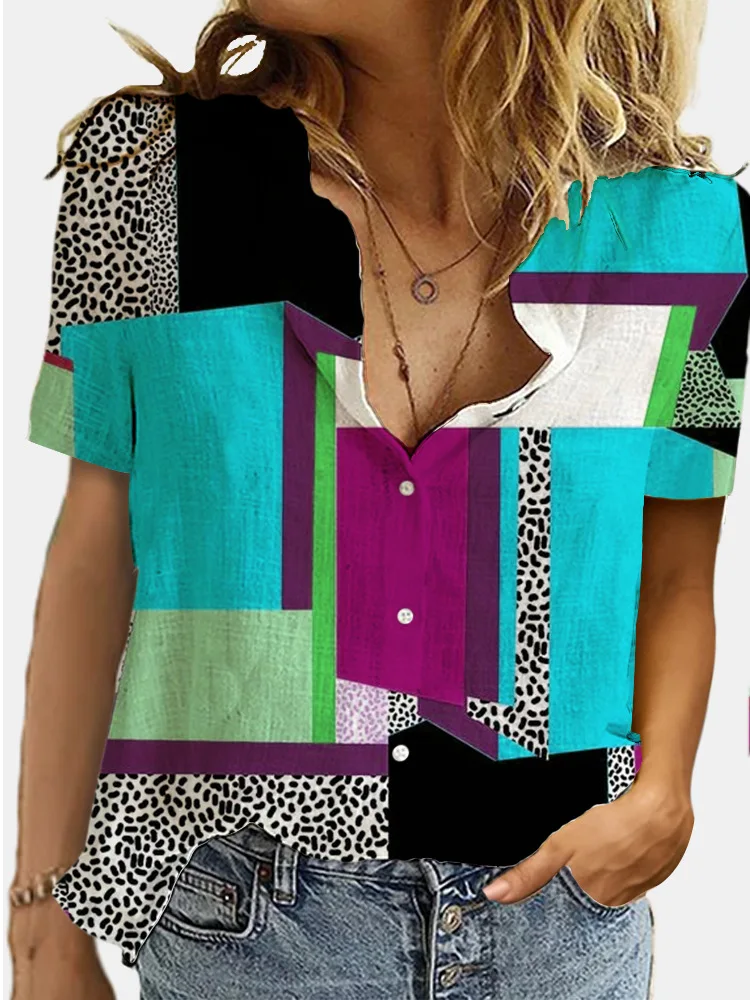 

Summer Elegant Shirts Ladies Print Tops Short-Sleeved Patchwork Buttoned Shirts Office Ladies Casual Plus Size Oversize T-Shirts