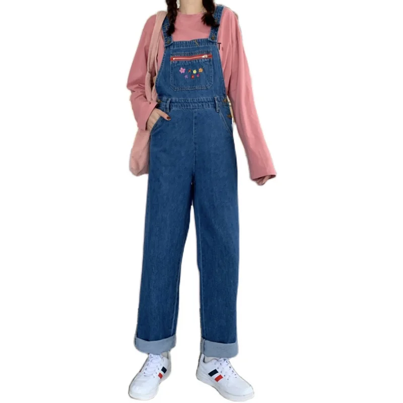 

Джинсы-комбинезон женские с высокой талией, широкими штанинами и двойными лямками на плечах, брюки с принтом, повседневные свободные джинсы...
