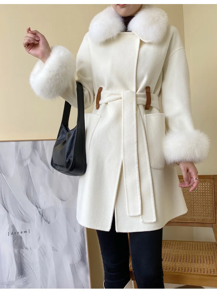 

Wholesale Price Ladies Winter Thick Outwear Real Wool Cashmere Blend Jacket With Sashes Natural Fox Fur Collar