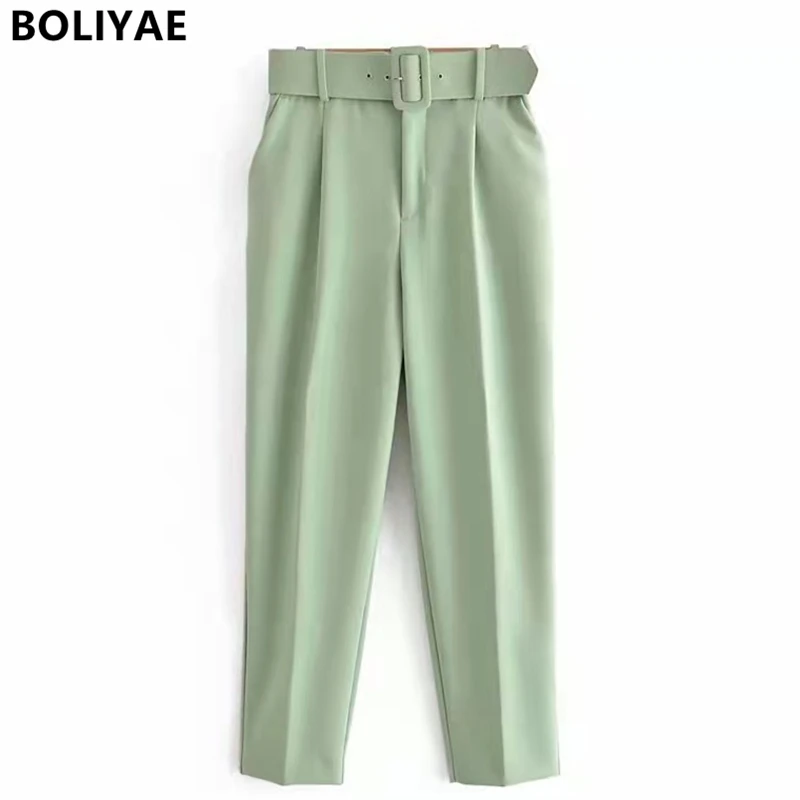 Boliyae New Women Fashion Belt Side Pockets Office Wear Pants Vintage High Waist Zipper Fly Female Ankle Trousers Mujer Straight