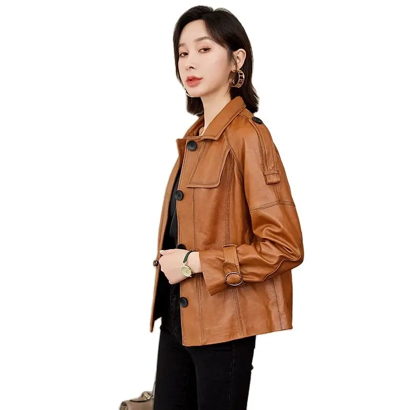 Chaqueta de piel de oveja auténtica para mujer, chaqueta locomotora de piel de oveja auténtica, de cuero marrón, con una hilera de botones