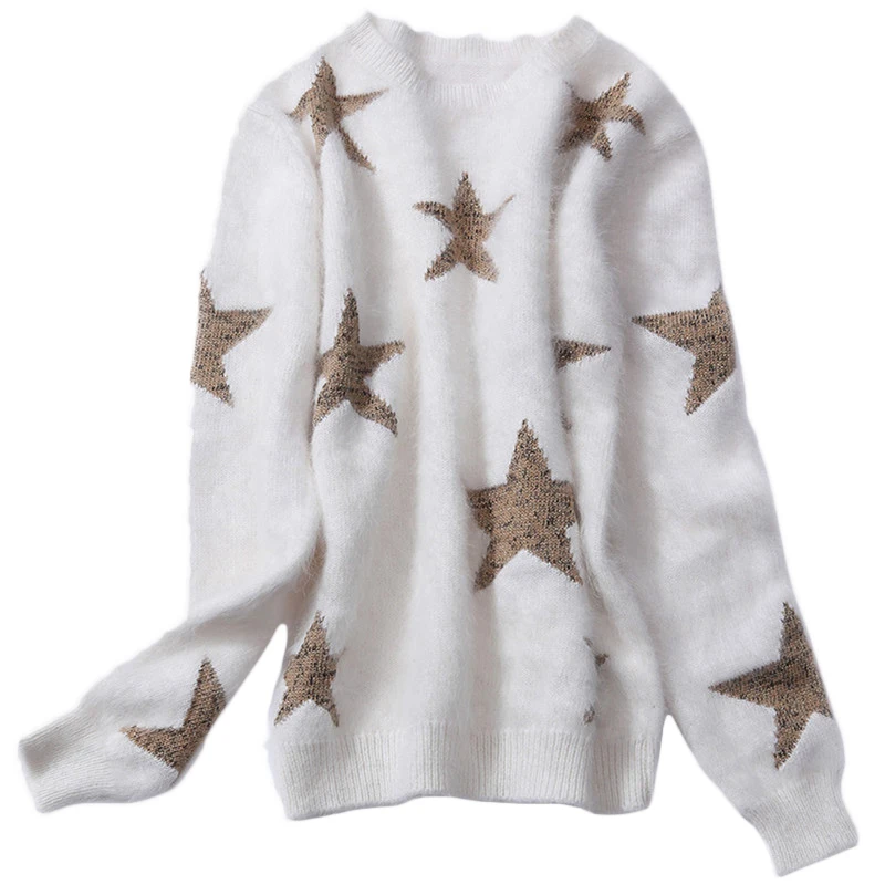 

BAHTLEE Winter Women's Angora Pullovers Sweater O-Neck Long Sleeves Intarsia Suit Style Mink Cashmere Keep Warm Stars Pattern