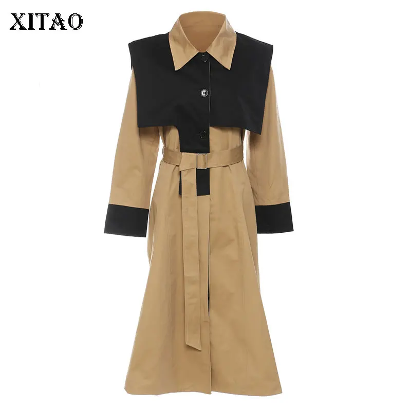 

XITAO New Women Trench Loose Bandage Simplicity Contrast Color Patchwork Fashion 2021 Autumn Winter All-match Coat WLD6561