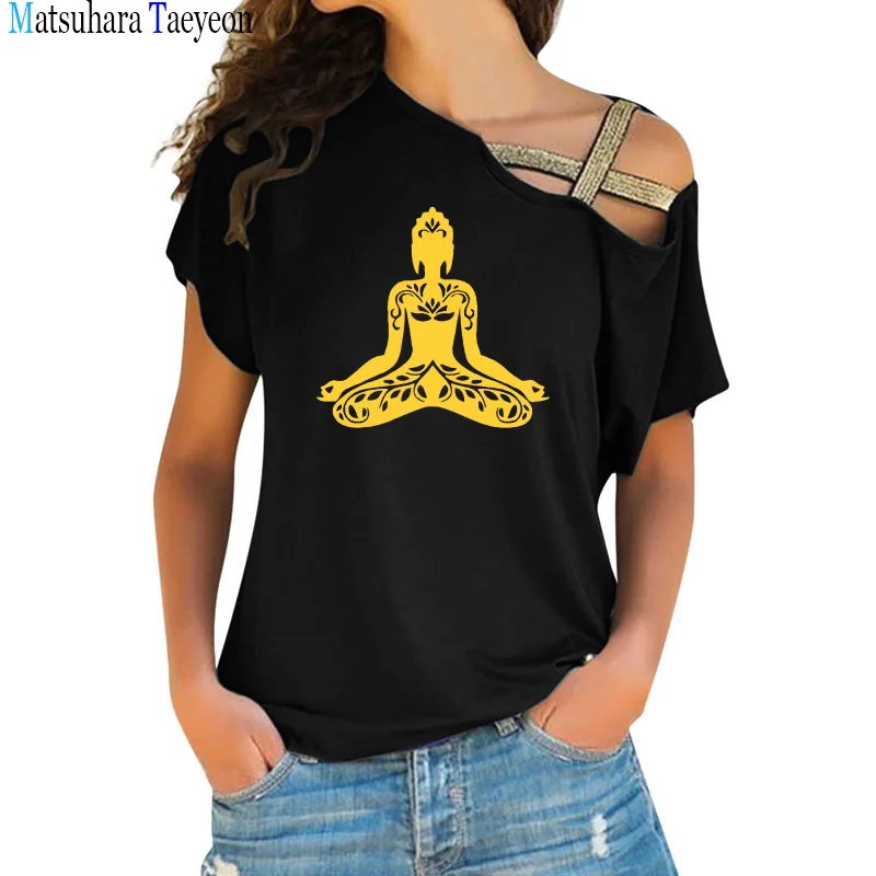 

Buddha Woman 2021New Tee Shirt Woman Fashion Funny Summer Short-sleeved Irregular Skew Cross Bandage Style Tee Top Women Clothes