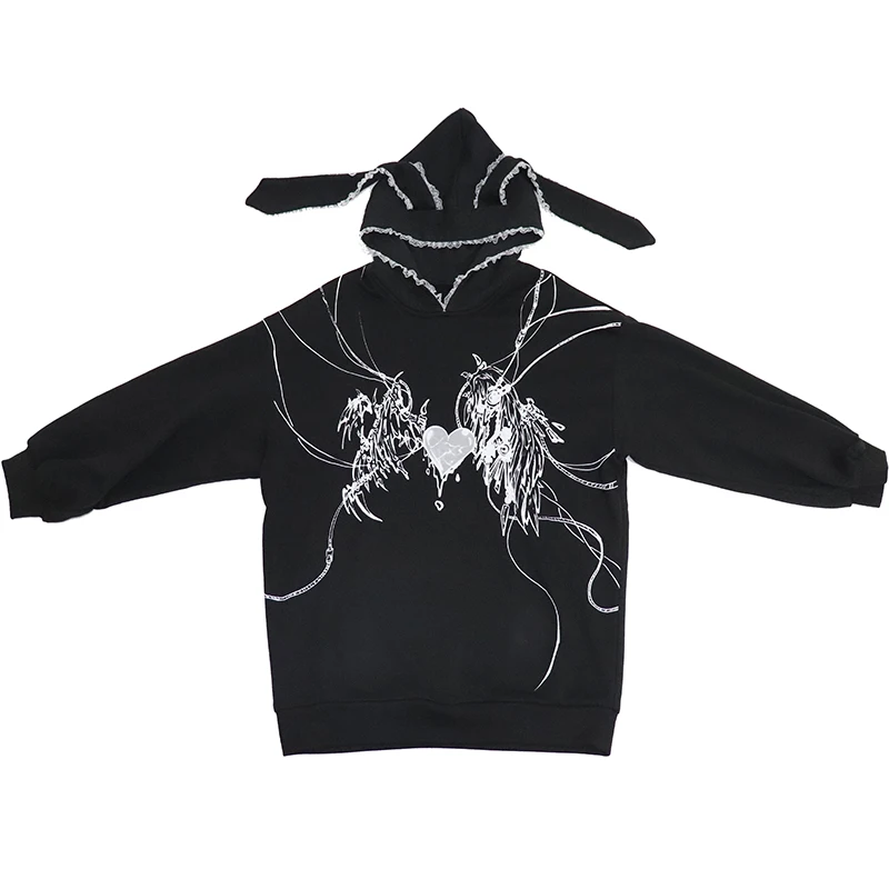 

Y2k Harajuku Sweatshirts Gothic Grunge Mechanical Rabbit Ears Hooded Black Hoodie Women Autumn Punk Hoodies Fashion Streetwear