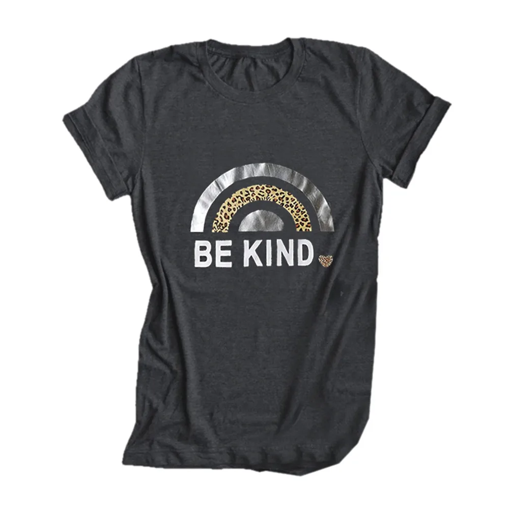 

BE KIND Letter Print Women's Oversized T-shirt Leopard Rainbow Graphic Vintage Tops Female Summer Short Sleeve Shirt Clothing