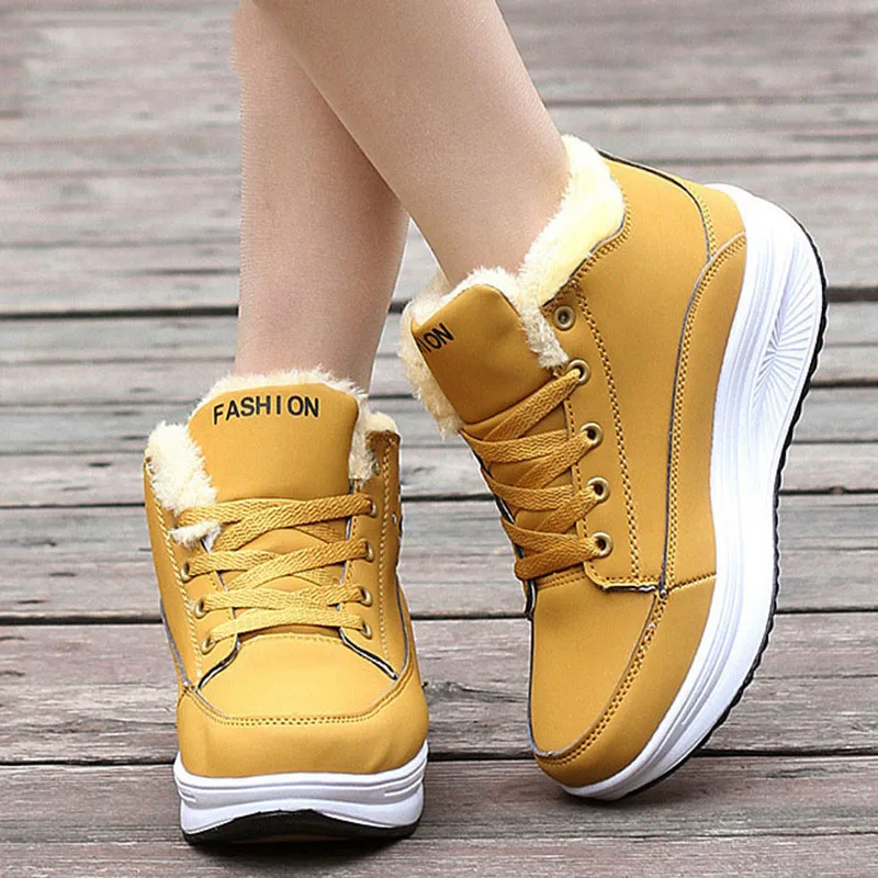 

CEVABULE Winter WADDLE Shoes Leather Face Round Head Thick Background Women's Wedge Heels Shoes Women Warm Heels Boot