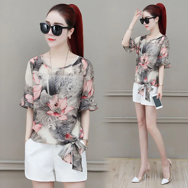 Женские шифоновые Блузки Рубашки Летние повседневные стильные цветочные принты
