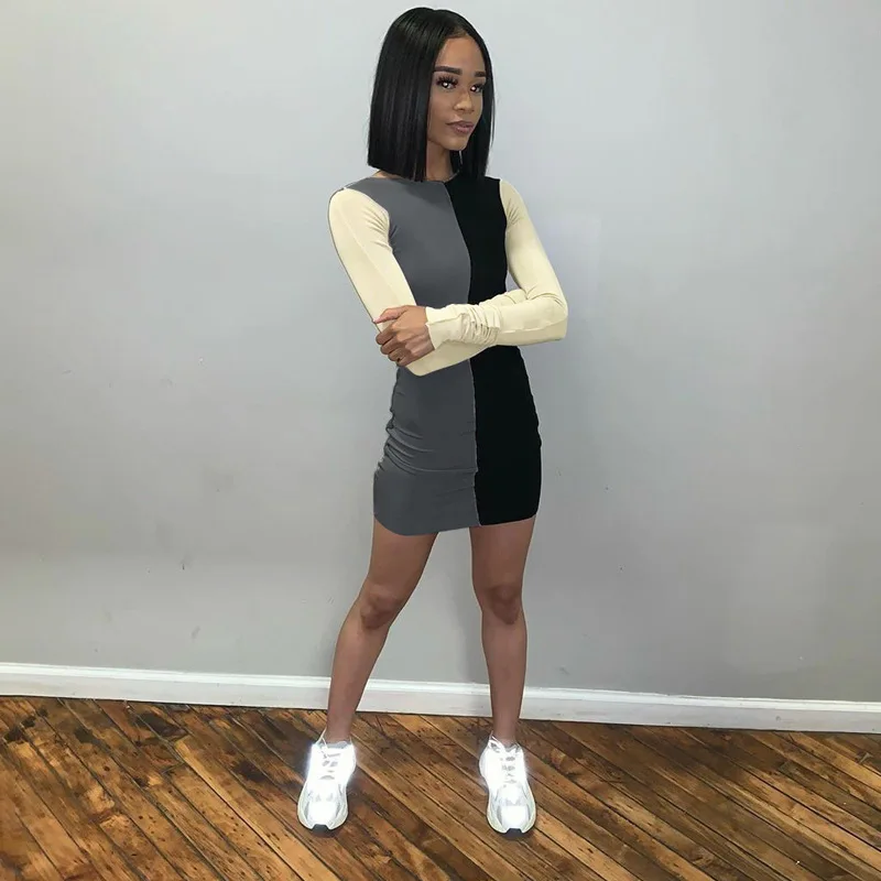 

Zoctuo Women Winter Dress New Arrivals Sexy Bodycon Long Sleeve O-Neck Patchwork Women Mini Dresses Vestidos Outfits Party Wear