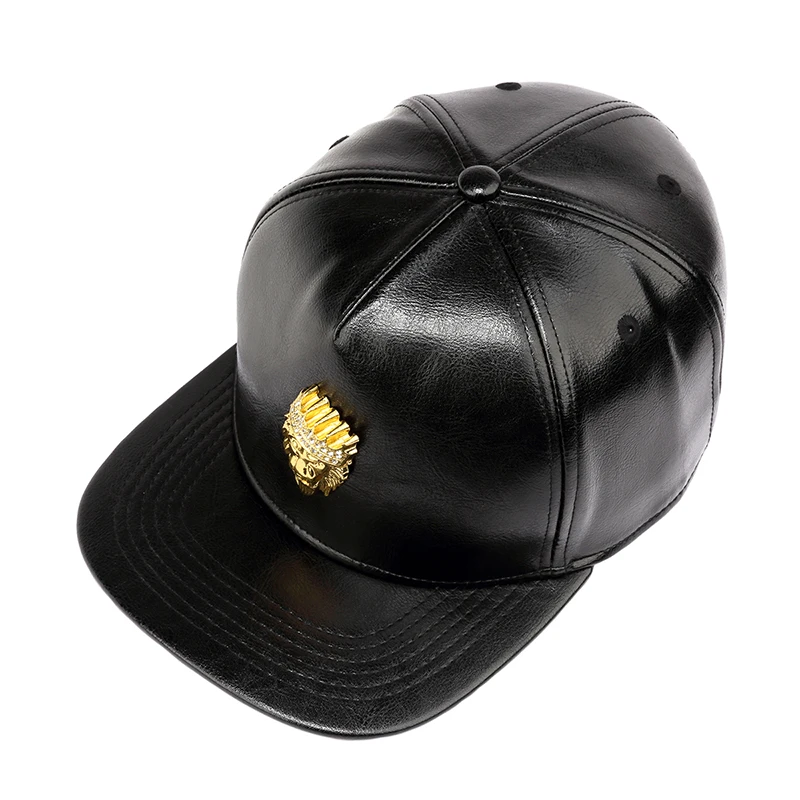 Black Leather Cap Crown Lion Head Logo Novelty Adjustable Snapback Hats Gorras Hip Hop Style for Women Gold Belt Drop Shipping