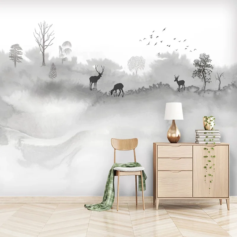 Пользовательские обои в китайском стиле абстрактные чернила пейзаж олень Fresco