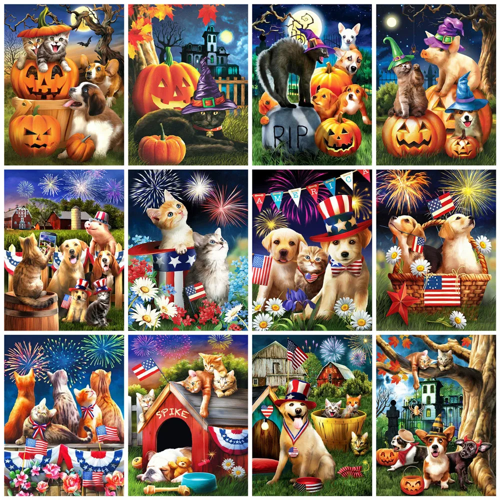 

Алмазная мозаика Huacan на Хэллоуин, 5D картина из страз, Набор для вышивки животными, вышивка крестиком, домашний декор