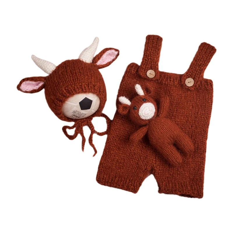 

Cute 3 Pcs Newborn Baby Photo Prop Crochet Infant Outfit Coffee Doll Cow Hat Set 87HD